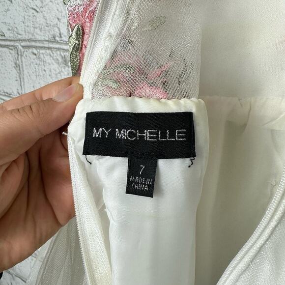 My Michelle Prom Dress Embroidered Tulle Formal Maxi Floral White Pink Green 7 - Picture 3 of 10
